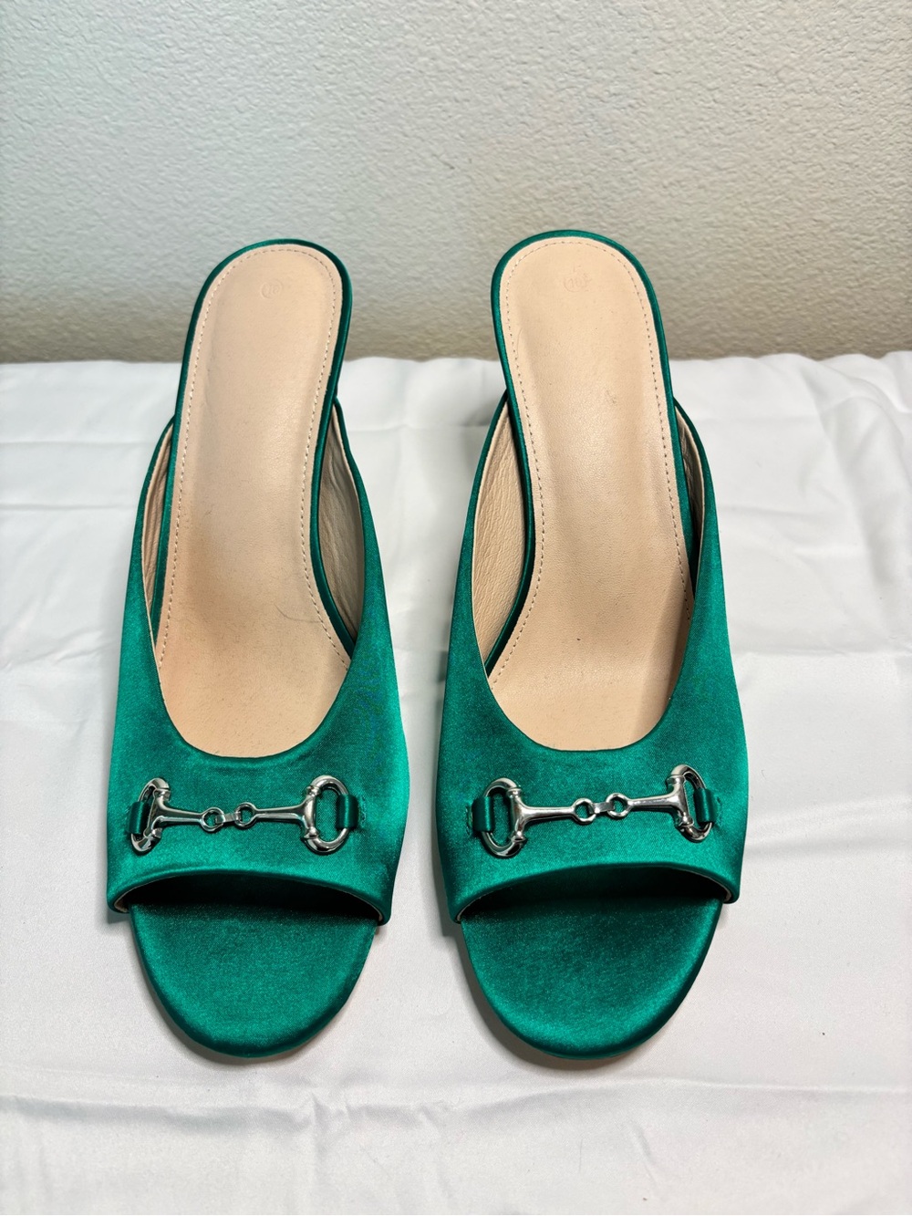 Green Satin Open-Toe Mule with Horsebit Accent
